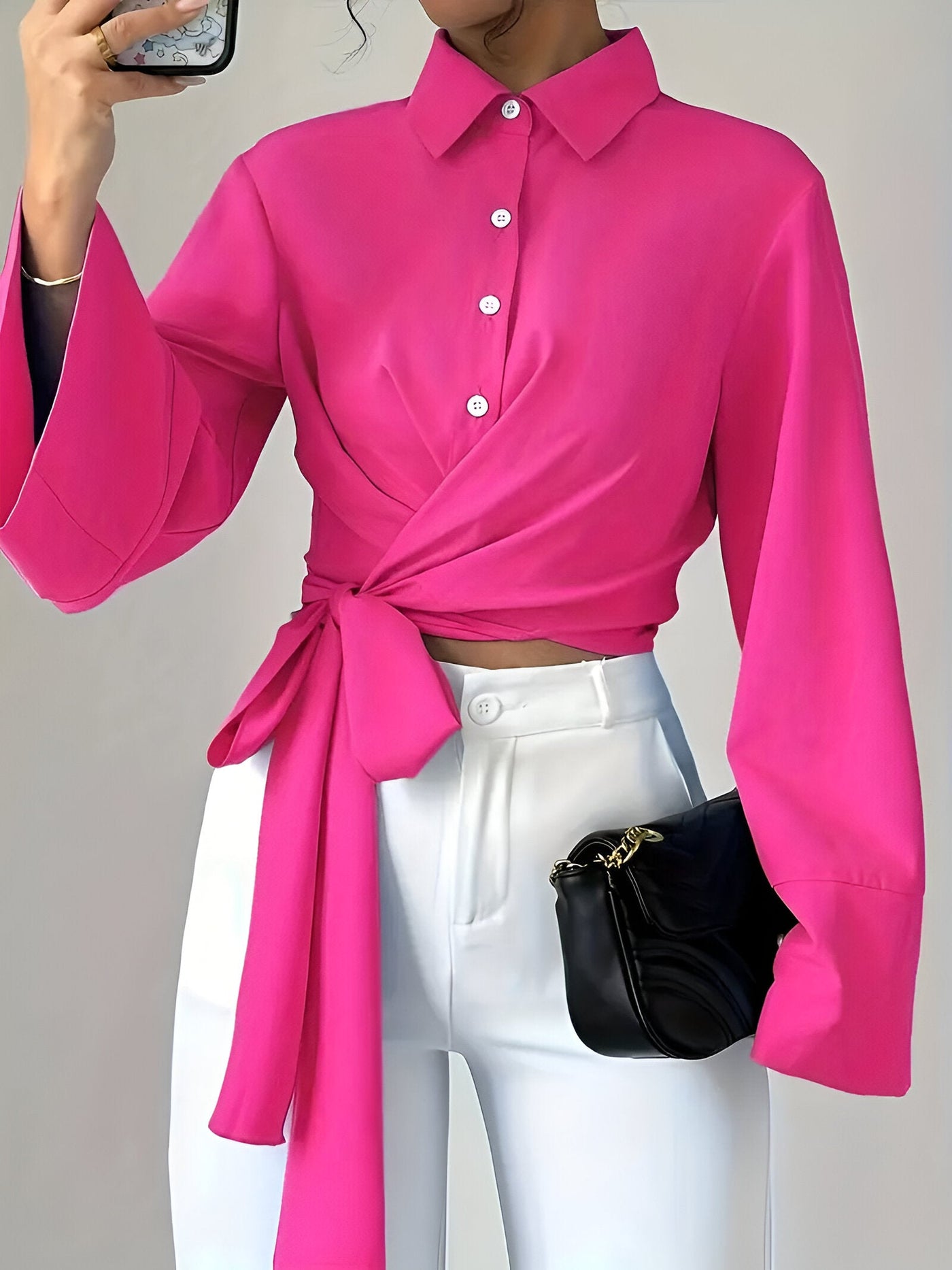 Raynie | Elegantes Einfarbiges Cross-Tie Knot Shirt mit Schleifendetail