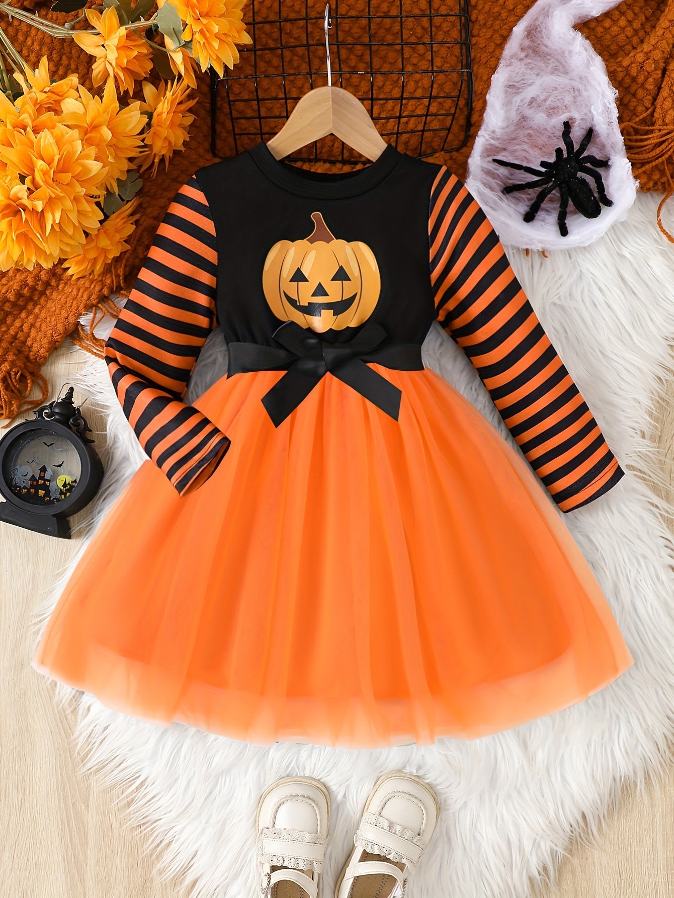 Mädchen Halloween Langarm Kleid mit gestricktem Oberteil und Tüllrock