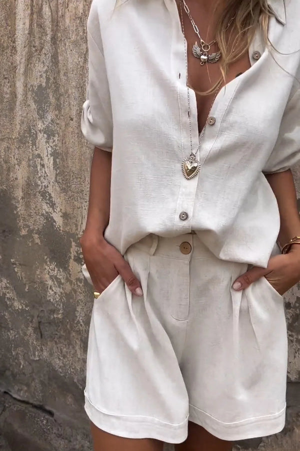 Aranza® | Orange Sommeranzug aus Baumwolle und Leinen mit kurzen Ärmeln