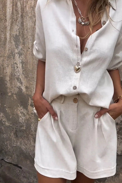 Aranza® | Orange Sommeranzug aus Baumwolle und Leinen mit kurzen Ärmeln