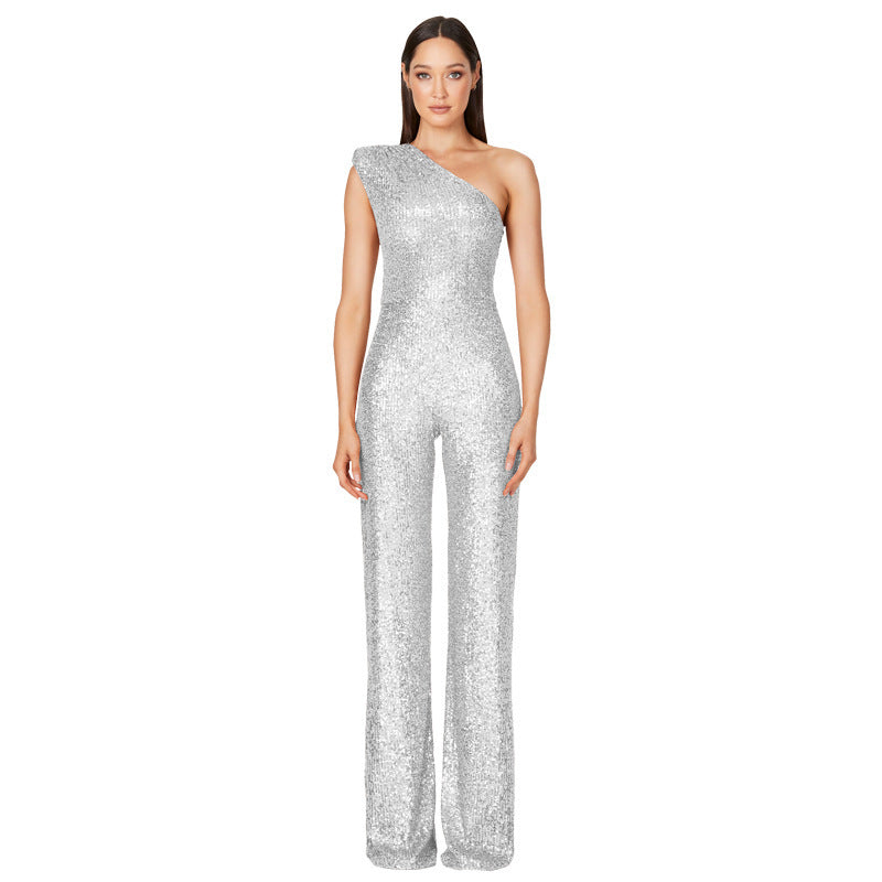 Diana – Ärmelloser Ein-Schulter-Pailletten-Jumpsuit