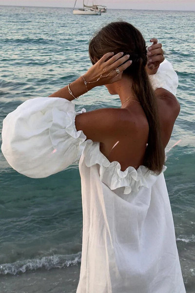 Jacinta® | Schulterfreies Midikleid aus Leinenmischung mit Rüschen, Puffärmeln und Taschen