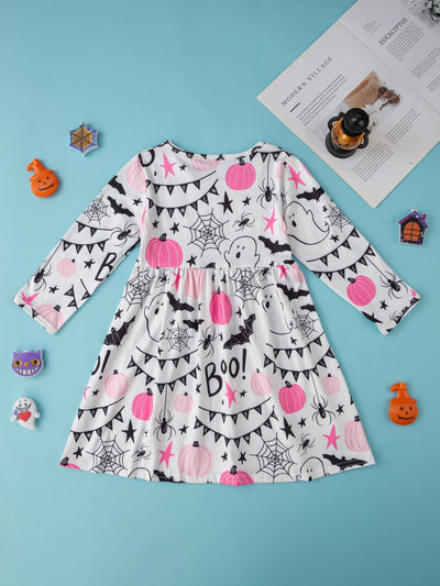 Baby Mädchen Kleid – Cartoon Kürbis & Geister Print