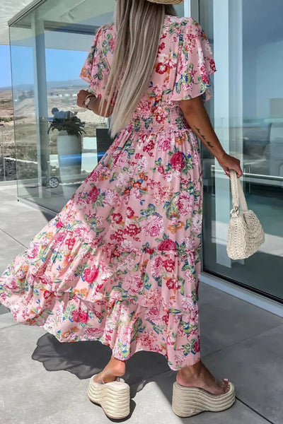 Perla® | Süße Urlaubskleider mit floralem V-Ausschnitt und Taillenrock