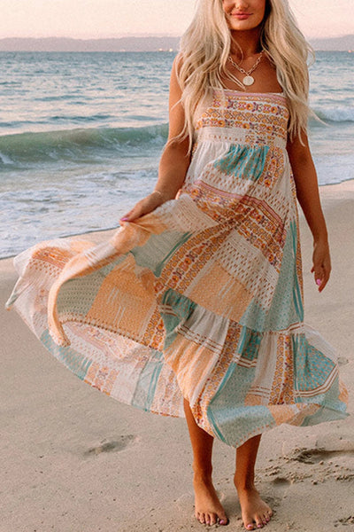 Thalía® | Mehrfarbiges Sommerkleid mit eckigem Ausschnitt im Boho-Patchwork-Print