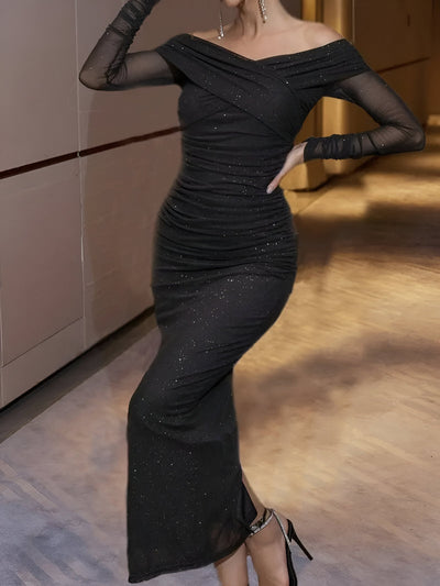 Derya | Schimmerndes Kreuz-Faltendes Off-Shoulder Cocktailkleid