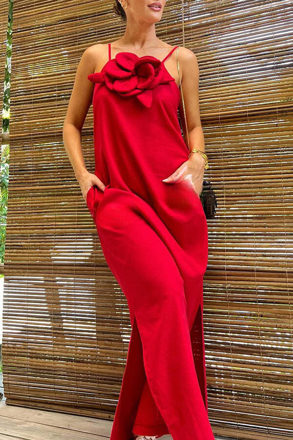 Luz® | Vacay Ready Leinenmischung, geblümtes Maxikleid mit Schlitz und Taschen