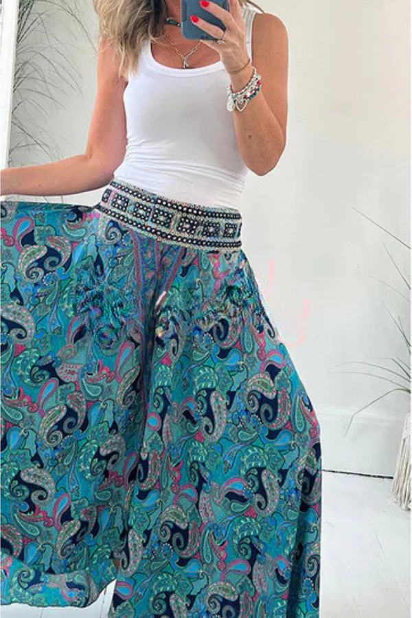 Eugenia® | Leichte Hose mit Ethno-Paisley-Print, elastischem Patchwork-Taillenbund und Taschen