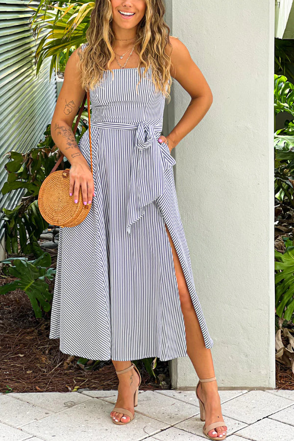 Mayra® | Schwarz gestreiftes Midikleid mit Taschen