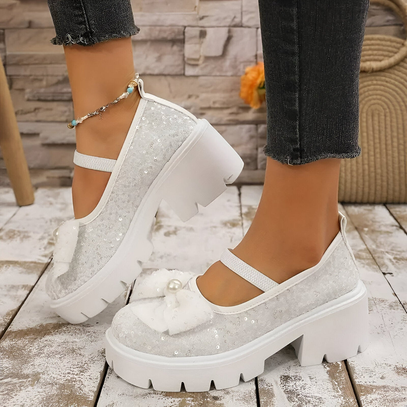 Lina | Schicke Damen Loafers mit Perle und Schleife