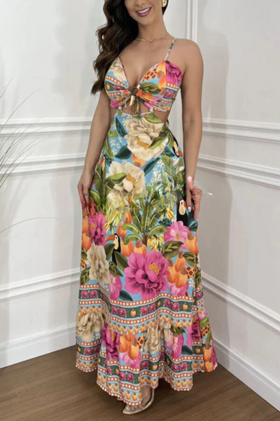 Irina® | Urlaubs-Maxikleid im Mexiko-Stil mit tropischem Print und Ringausschnitt zum Schnüren