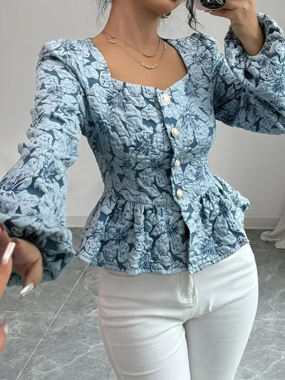 Lynleigh | Elegante Blumen-Jacquard-Bluse mit Herz-Ausschnitt