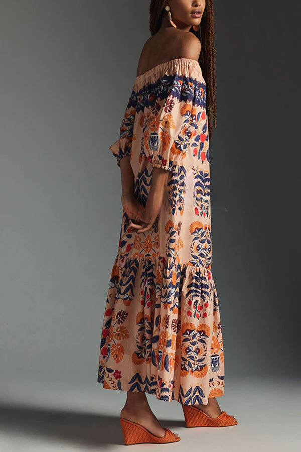 Emma® | Bedrucktes, schulterfreies, fließendes Midikleid mit Taschen