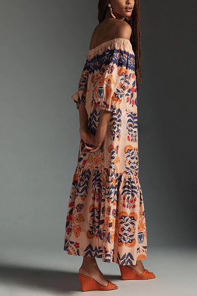 Emma® | Bedrucktes, schulterfreies, fließendes Midikleid mit Taschen