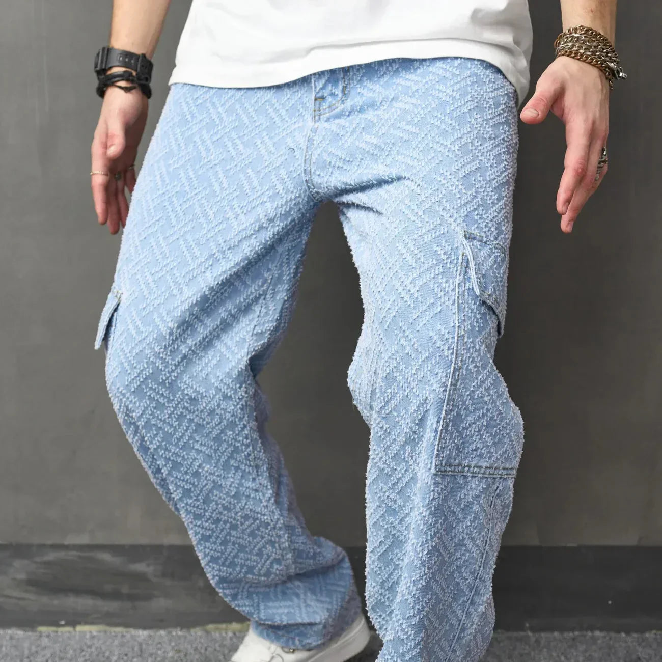 Aponte - Herrenjeans Hellblau Weites Bein Casual Stil