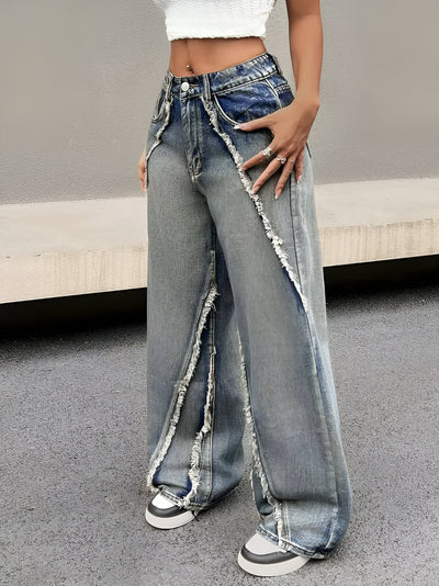 Leontine | Coole Blaue Jeans mit rauem Saum und weitem Bein