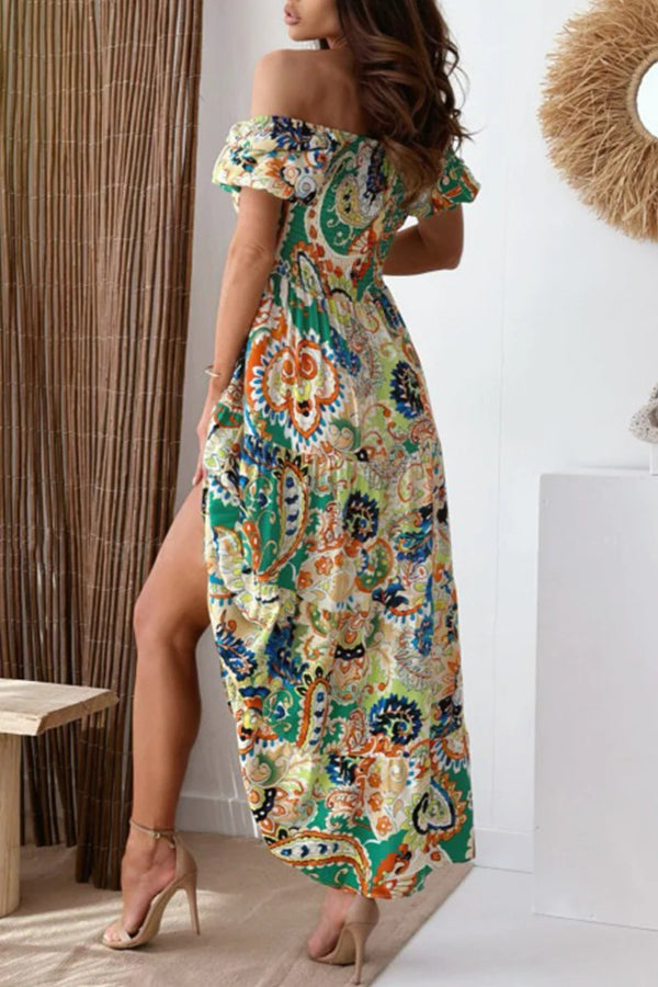 Pilar® | Sexy Urlaubskleid mit Blumenmuster, schulterfrei, geschlitzt, bedruckt