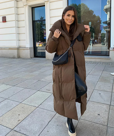 Lange Pufferjacke mit Gürtel Beige - Selene