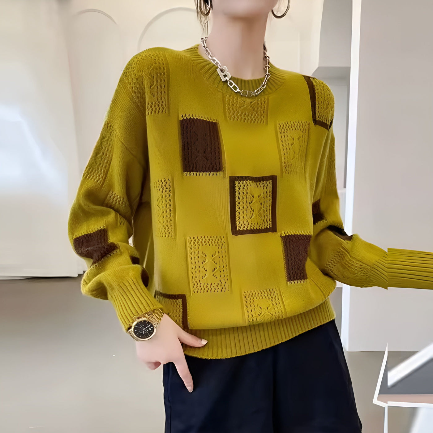 Jasmine | Strickpullover mit Geometrischem Patchwork