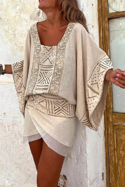 Olivia® | Loses Top mit Dolman-Ärmeln und Ethno-Print aus Leinenmischung