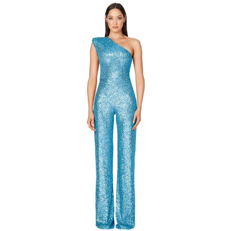 Diana – Ärmelloser Ein-Schulter-Pailletten-Jumpsuit
