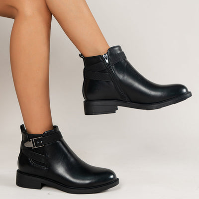 Ann – Schwarze Damen-Chelsea-Boots mit Seitlichem Reißverschluss und Schnalle