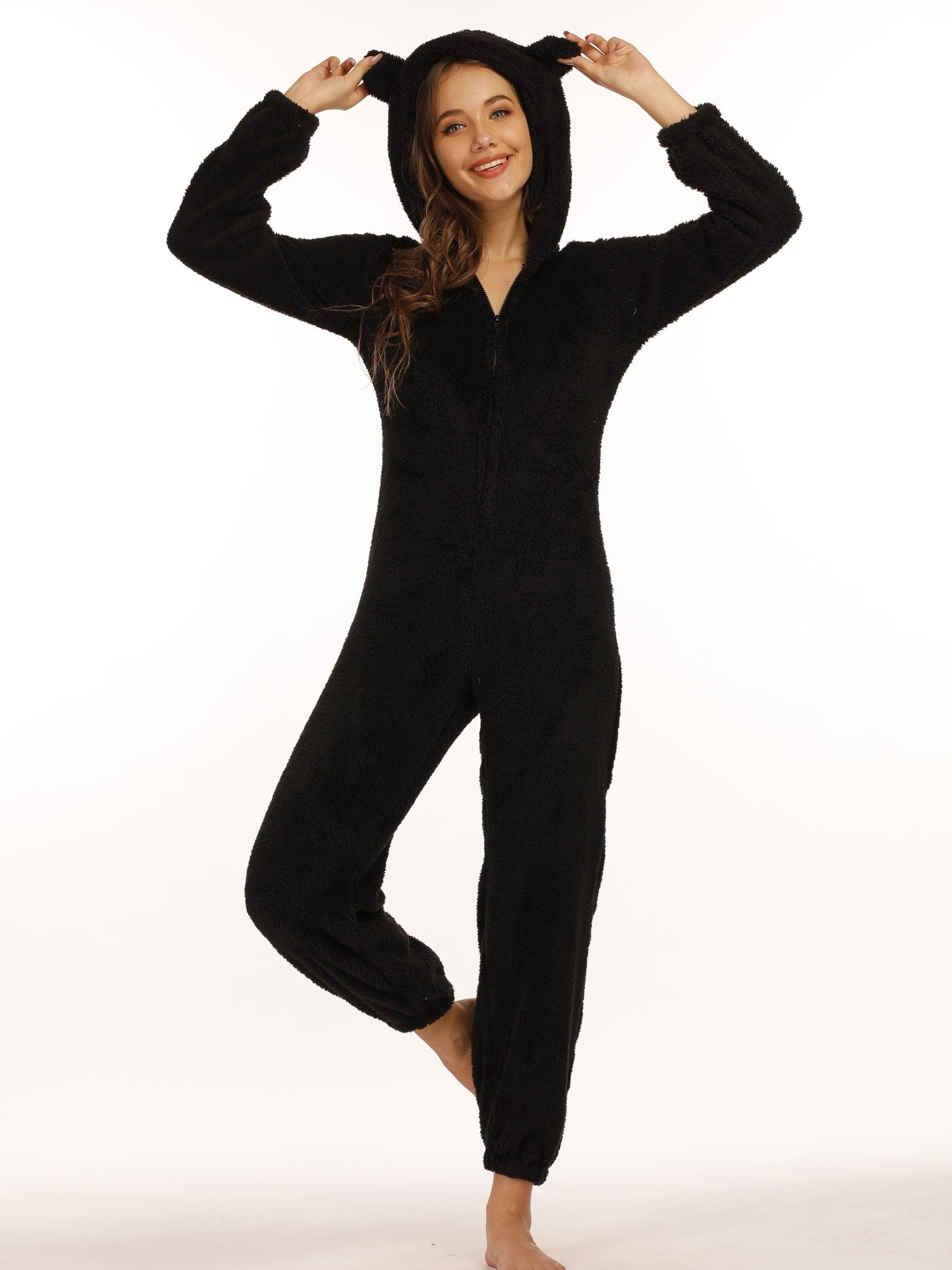 Reißverschluss Teddy-Jumpsuit mit Kapuze