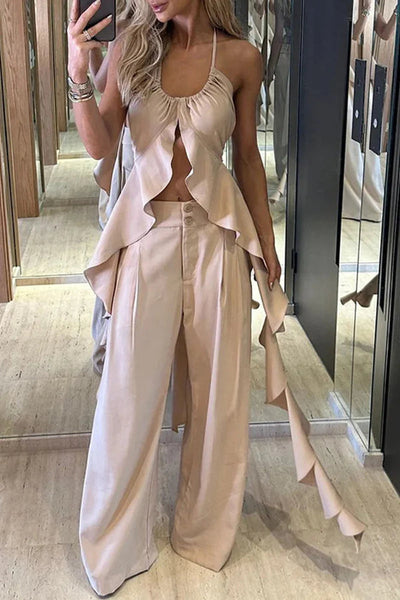 Erika® | Sexy, einfarbig, rückenfrei, Volant, U-Ausschnitt, ärmellos, zweiteilig