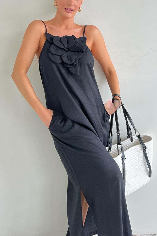 Luz® | Vacay Ready Leinenmischung, geblümtes Maxikleid mit Schlitz und Taschen