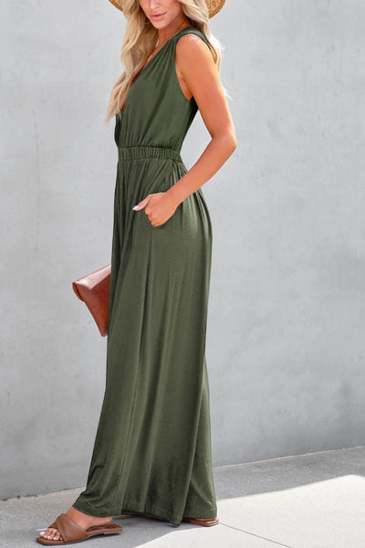 Laura® | Dschungelgrüner, plissierter Overall mit weitem Bein und tiefen V-Taschen