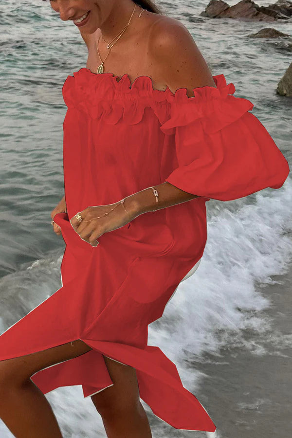 Jacinta® | Schulterfreies Midikleid aus Leinenmischung mit Rüschen, Puffärmeln und Taschen