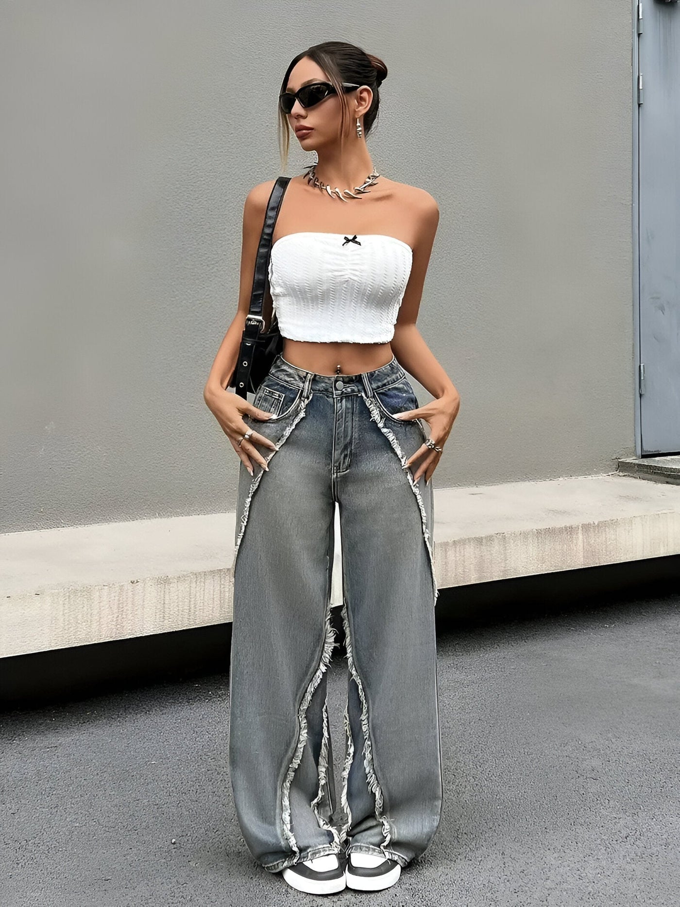 Leontine | Coole Blaue Jeans mit rauem Saum und weitem Bein