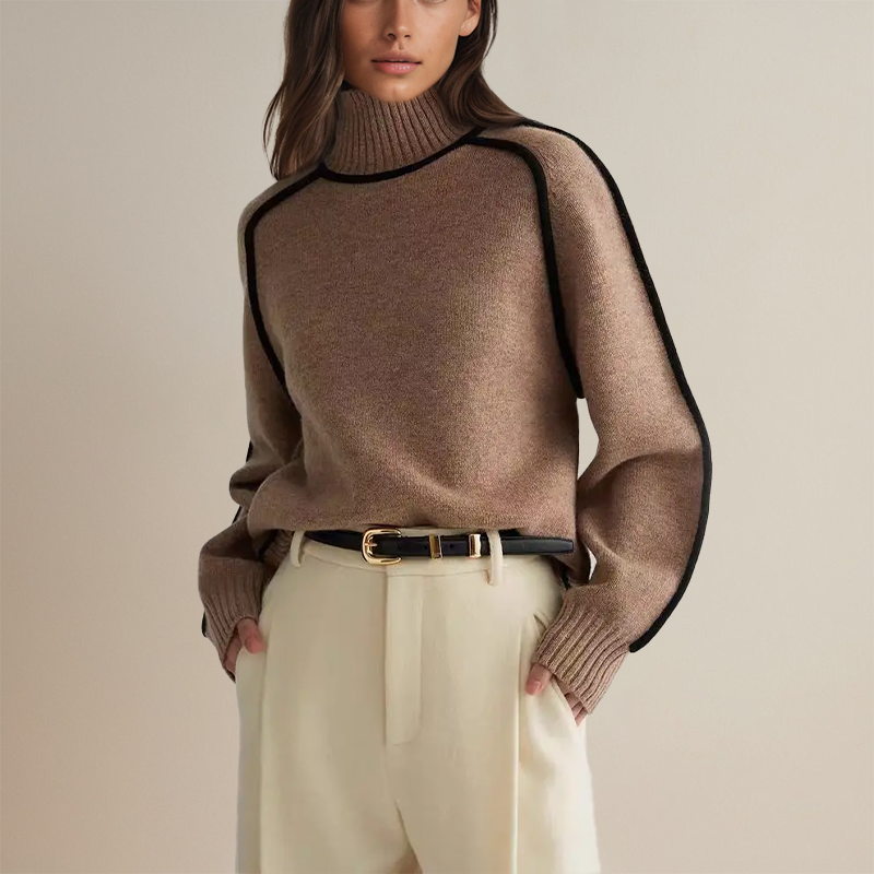 Eleganter Rollkragenpullover mit Kontrastbesatz für Frauen