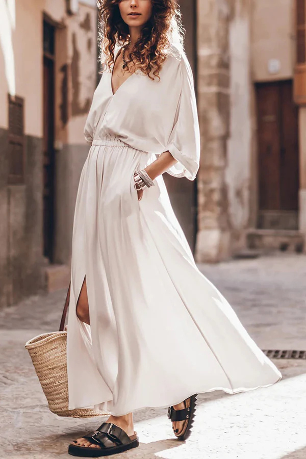 Noemí® | Weiches und elegantes Maxikleid mit Kimonoärmeln, dehnbarer Taille und Taschenschlitz