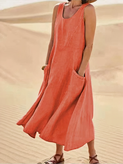 Damen luftiges Sommerkleid mit Taschen | Midi