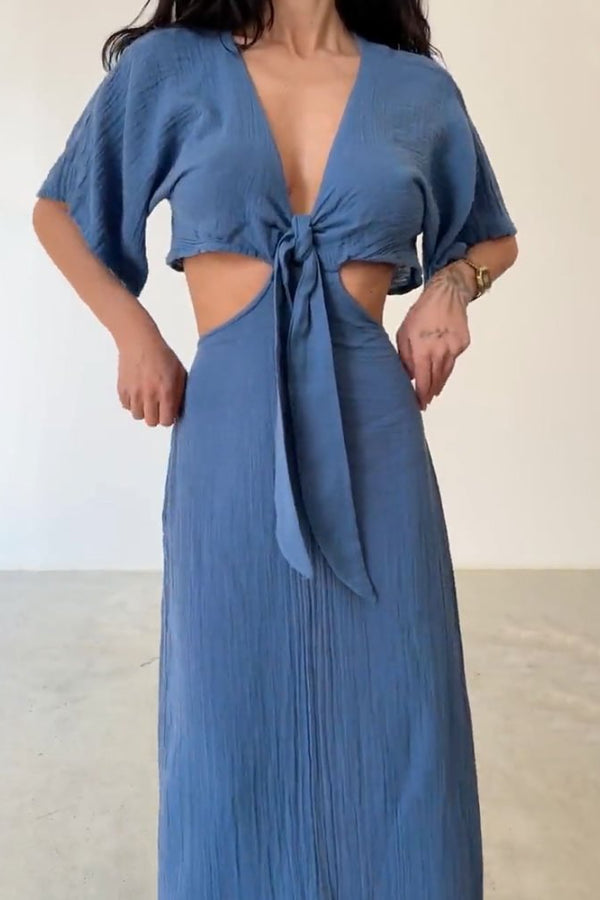 Elda® | Kleid aus Baumwolle und Leinen mit Schnürung und freiliegender Taille