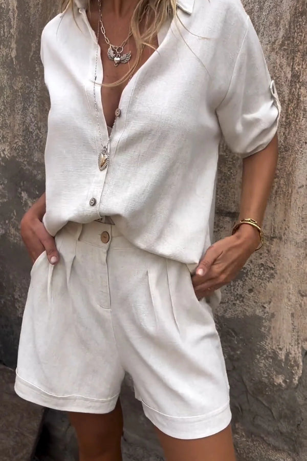 Aranza® | Orange Sommeranzug aus Baumwolle und Leinen mit kurzen Ärmeln