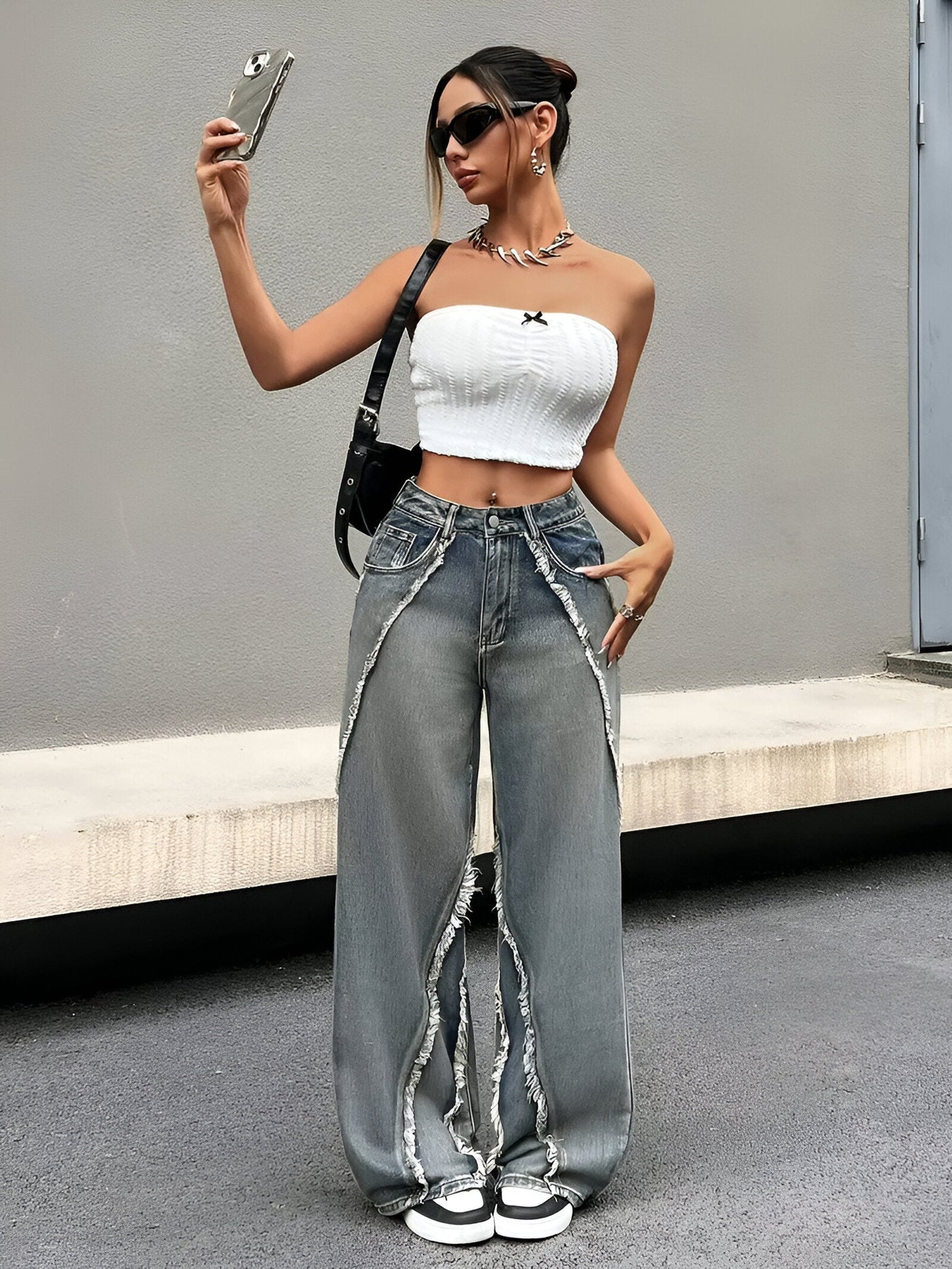 Leontine | Coole Blaue Jeans mit rauem Saum und weitem Bein