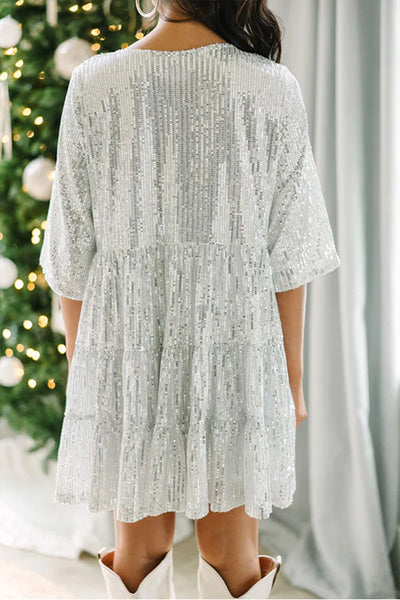 Jasmine® | Silbriges Party-Minikleid mit Pailletten, halben Ärmeln und Rundhalsausschnitt