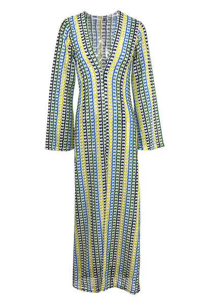 Griselda® | Langes, hohles Strandkleid mit V-Ausschnitt und tiefem Ausschnitt vorne und Schlitz aus Spitze