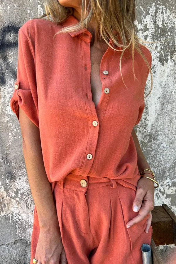 Aranza® | Orange Sommeranzug aus Baumwolle und Leinen mit kurzen Ärmeln