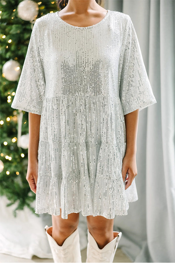 Jasmine® | Silbriges Party-Minikleid mit Pailletten, halben Ärmeln und Rundhalsausschnitt