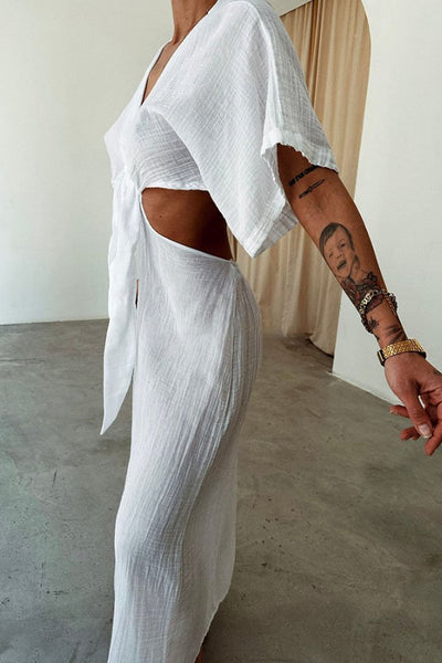 Elda® | Kleid aus Baumwolle und Leinen mit Schnürung und freiliegender Taille