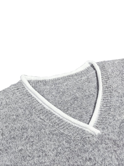 Grauer V-Ausschnitt Pullover mit Kontrastdetails - Ella