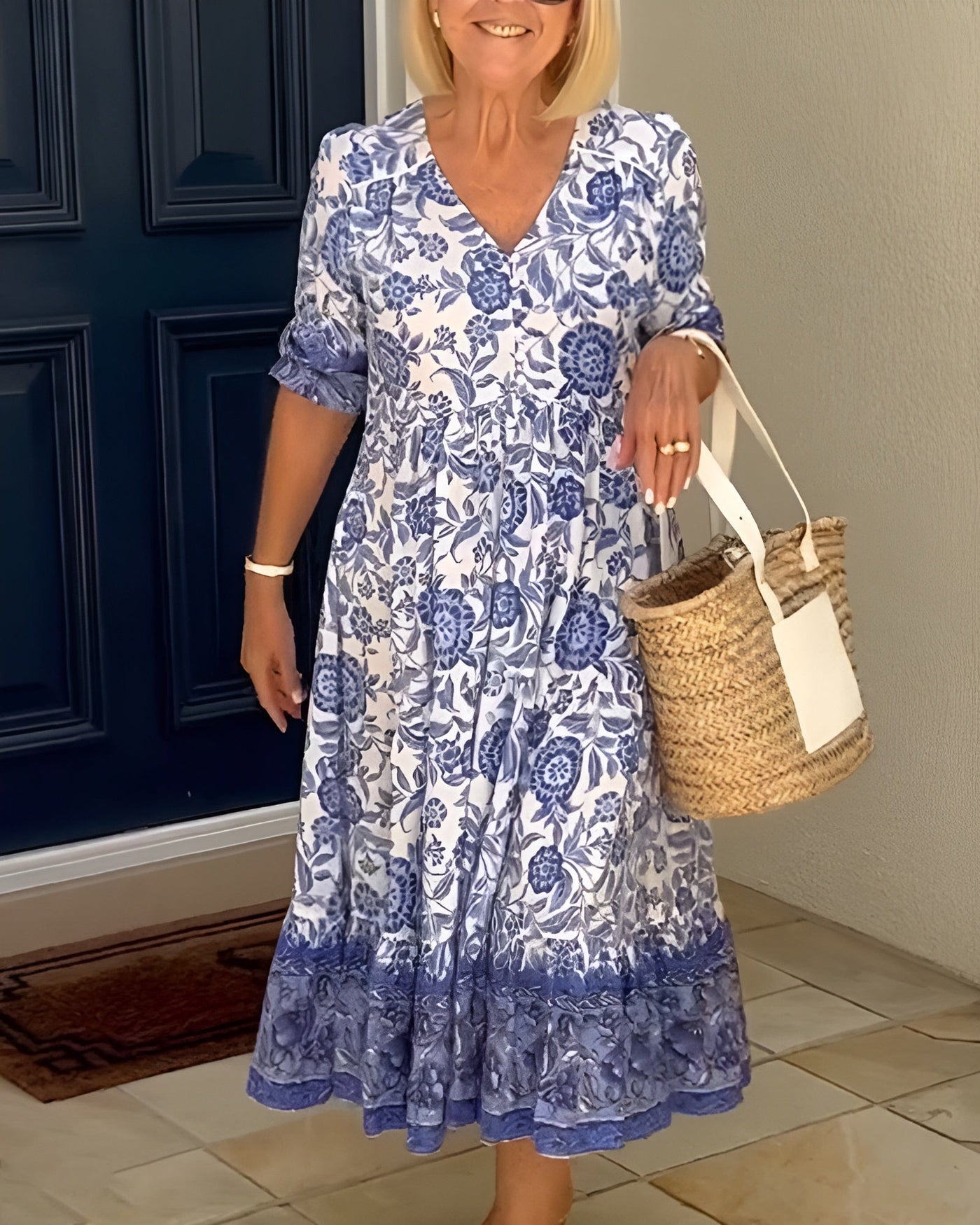 Macrina | Elegantes Blumenkleid Damen V-Ausschnitt für Frühling Sommer