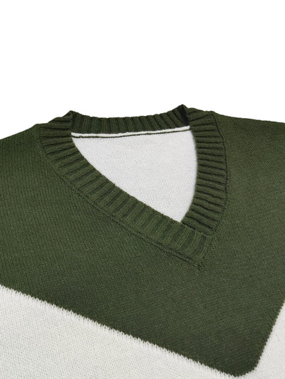 Grüner V-Ausschnitt Colorblock Pullover - Lena