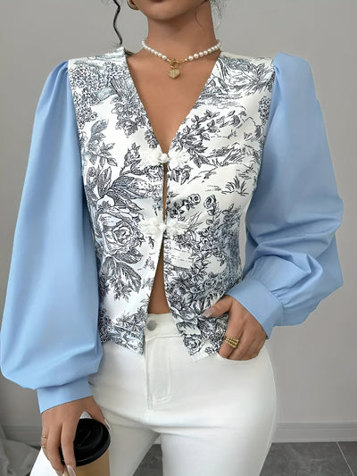 Rosalin | Bluse mit V-Ausschnitt und Lantern-Ärmeln im Blumenprint