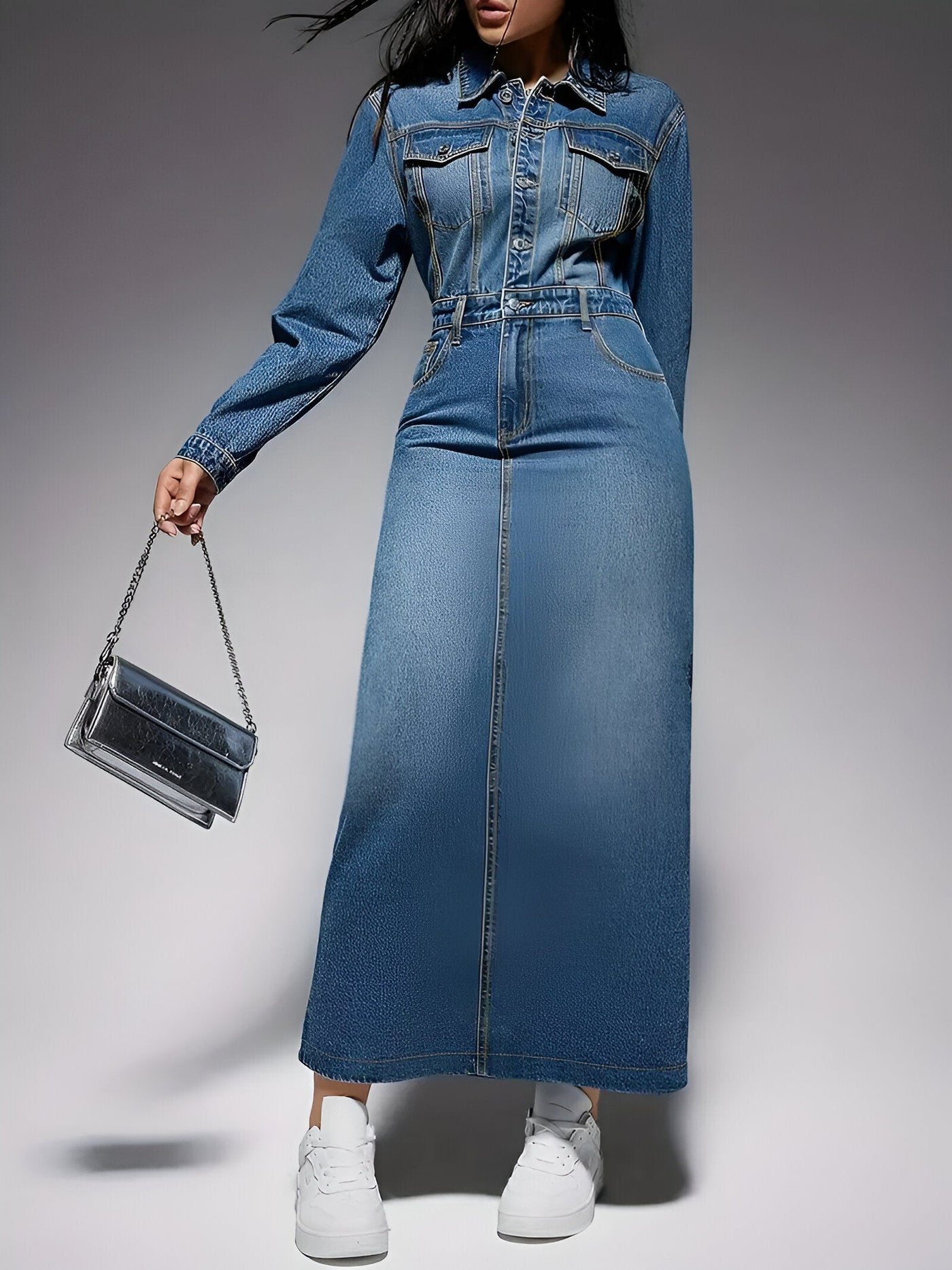 Liona | Stylisches Denim-Look Langarmkleid