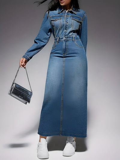 Liona | Stylisches Denim-Look Langarmkleid