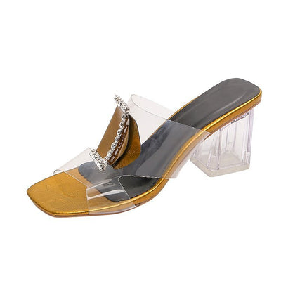 Joanne – Transparente Damensandalen mit dickem Absatz und Strasssteinen